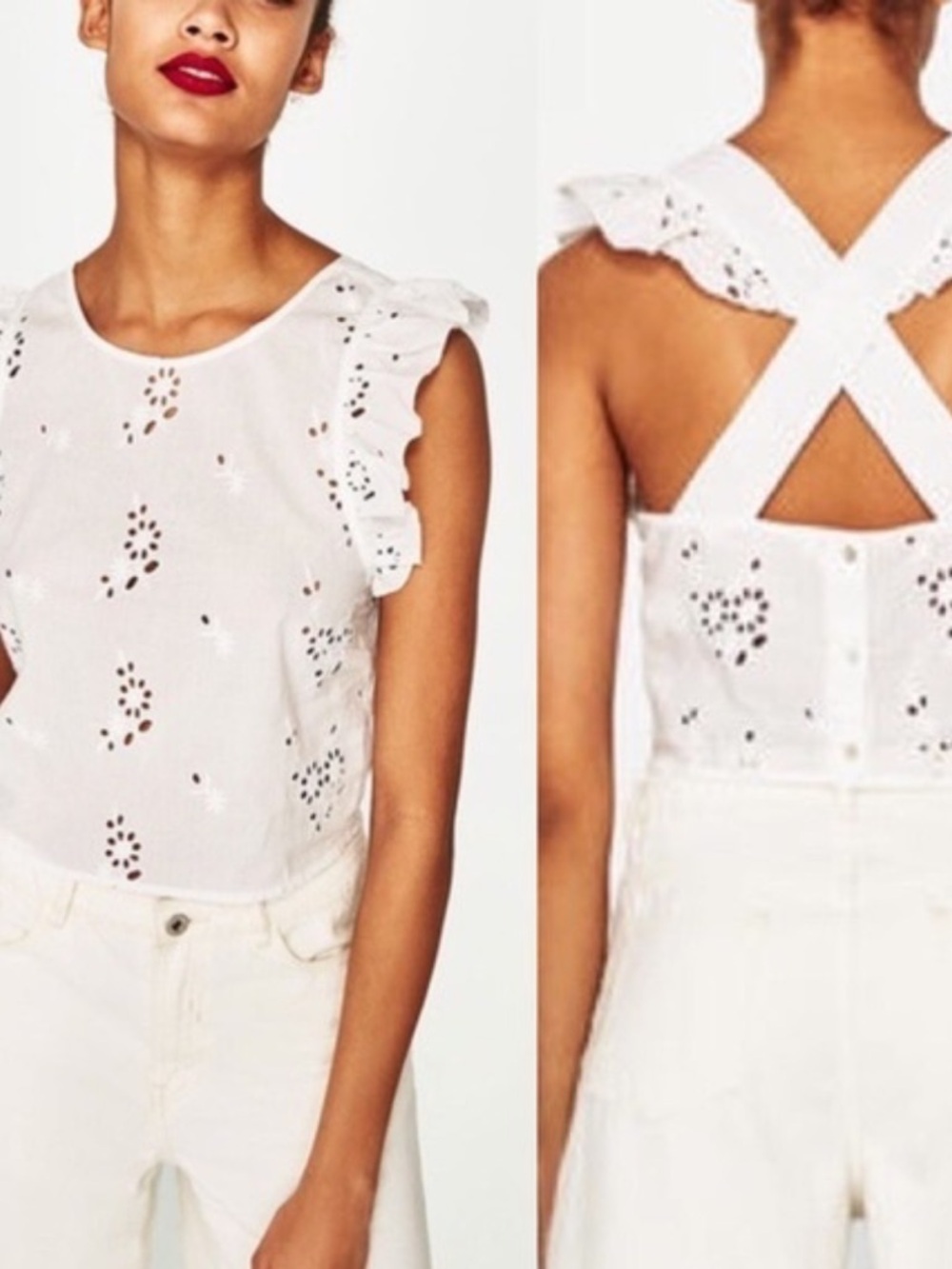 Zara White Eyelet Ruffle Sleeve Cross-Back Top
